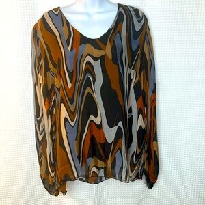 Charlie B Silk Blouse Earthy Tones Abstract Print Size Large